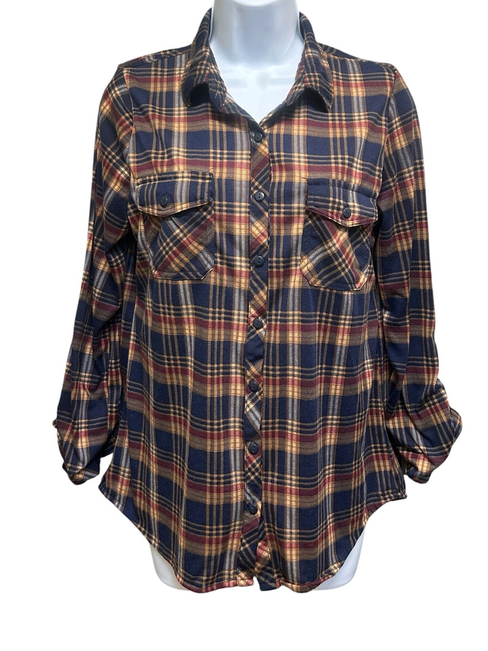 Daytrip Brown Flannel Plaid Button Front Tabbed Sleeve Shirt Top Size M